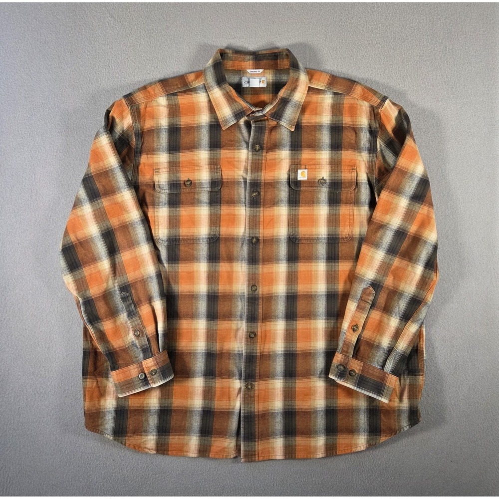 Carhartt Shirt Mens 2XL Orange Plaid Hubbard Flannel Button Original Fit